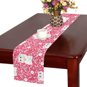 Maneki neko cat sakura pink background Table Runner