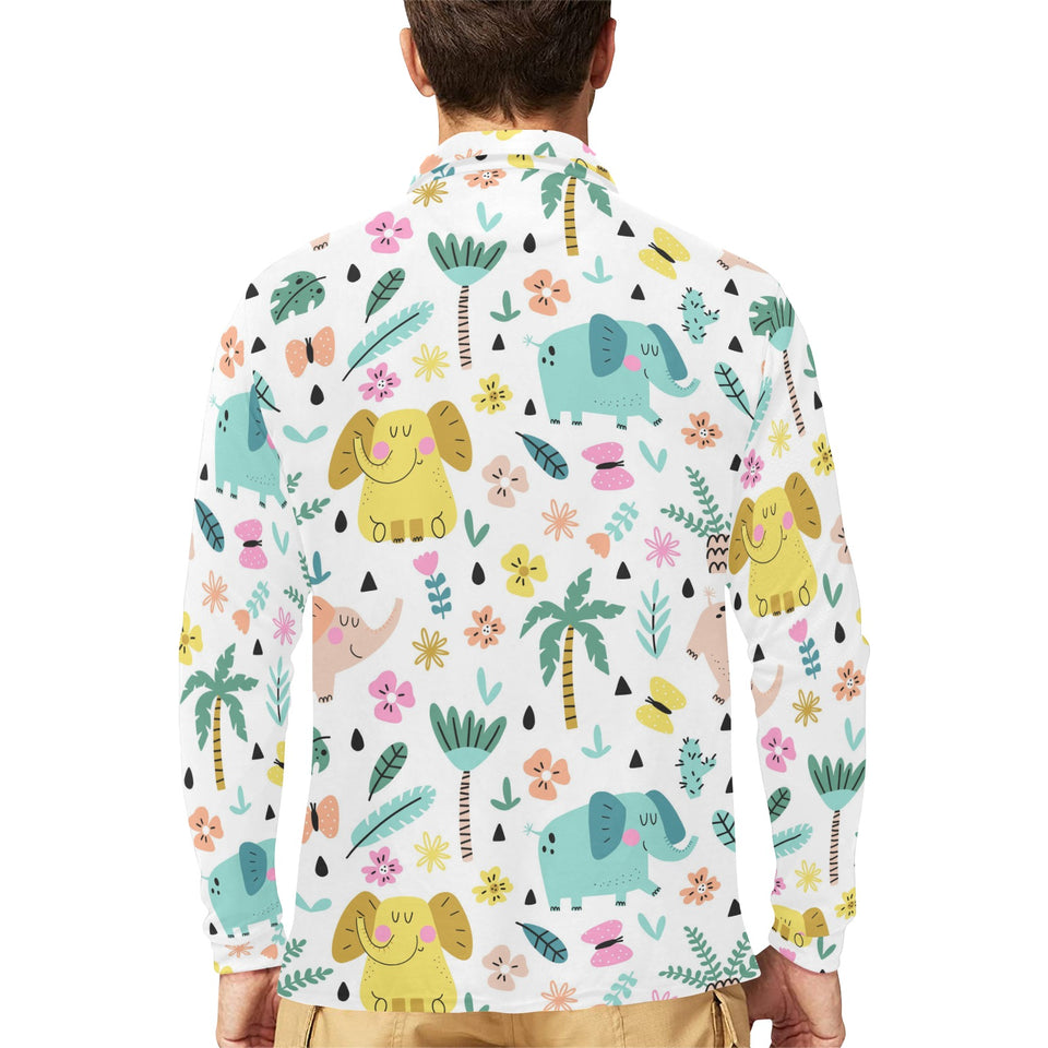 Cute elephants palm tree flower butterfly pattern Men's Long Sleeve Polo Shirt