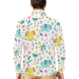 Cute elephants palm tree flower butterfly pattern Men's Long Sleeve Polo Shirt