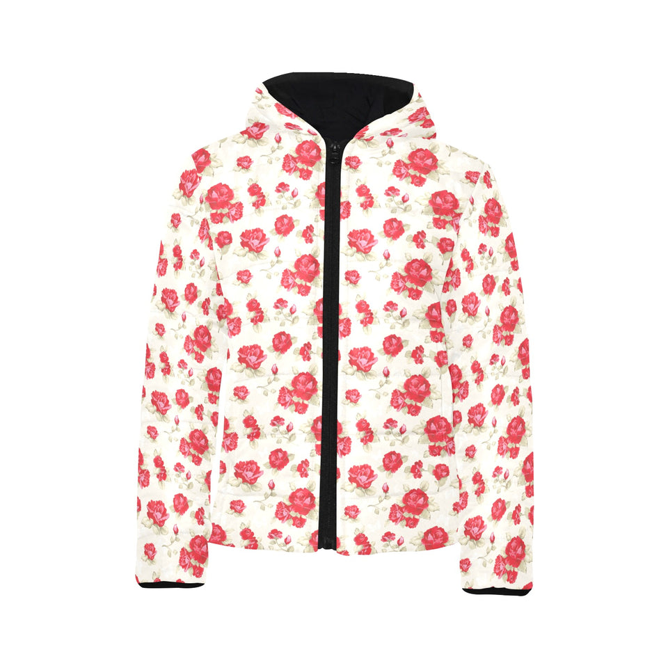 Rose Pattern Print Design 01 Kids' Boys' Girls' Padded Hooded Jacket