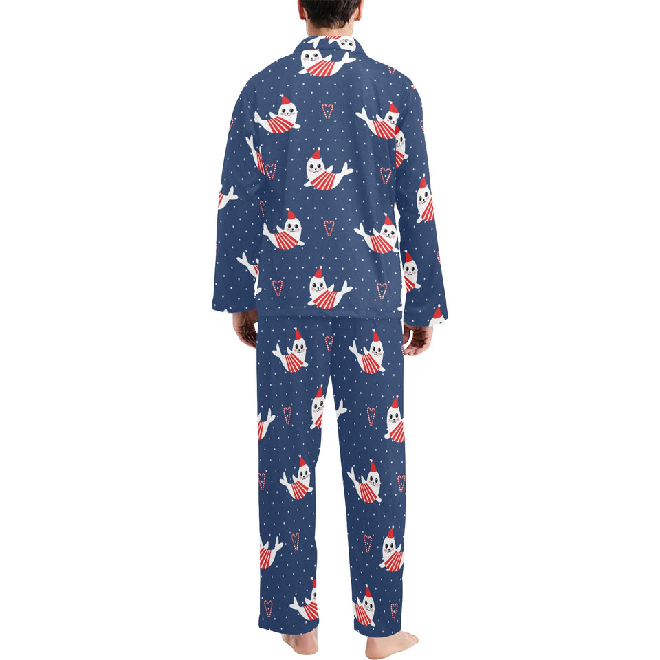 Cute sea lion seal christmas hat candy cane heart Men's Long Pajama Set