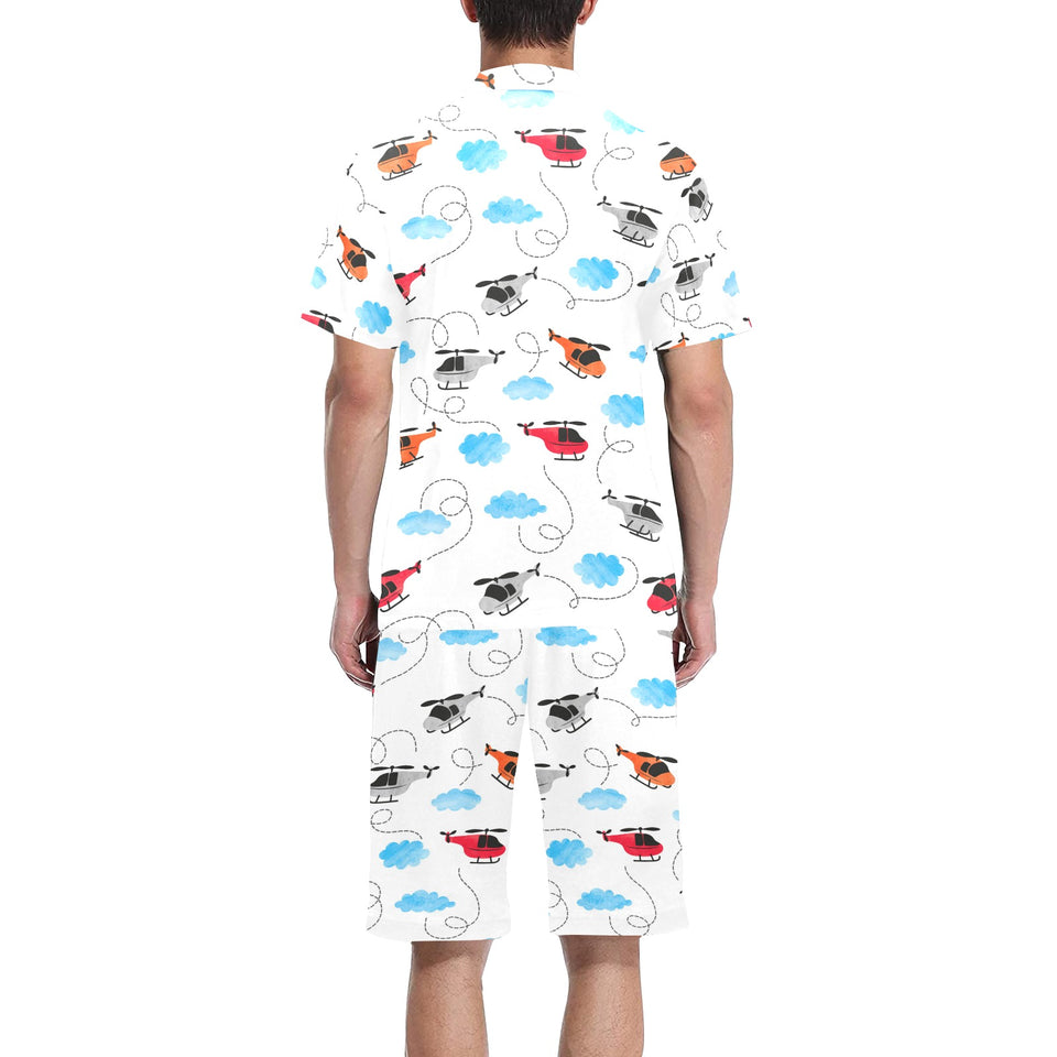 Watercolor helicopter cloud pattern Men's V-Neck Short Pajama Set