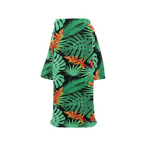 heliconia flower palm monstera leaves black backgr Blanket Robe with Sleeves