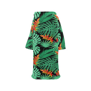 heliconia flower palm monstera leaves black backgr Blanket Robe with Sleeves