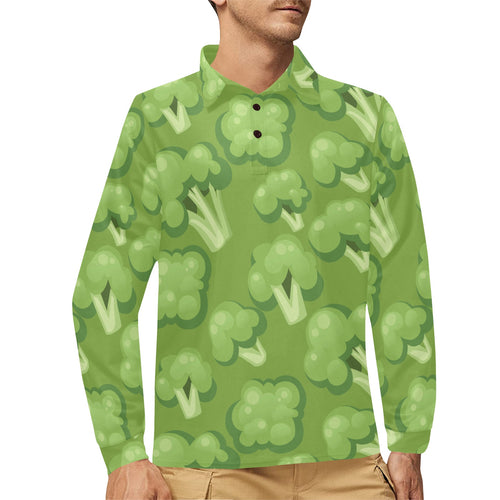 Broccoli pattern green background Men's Long Sleeve Polo Shirt