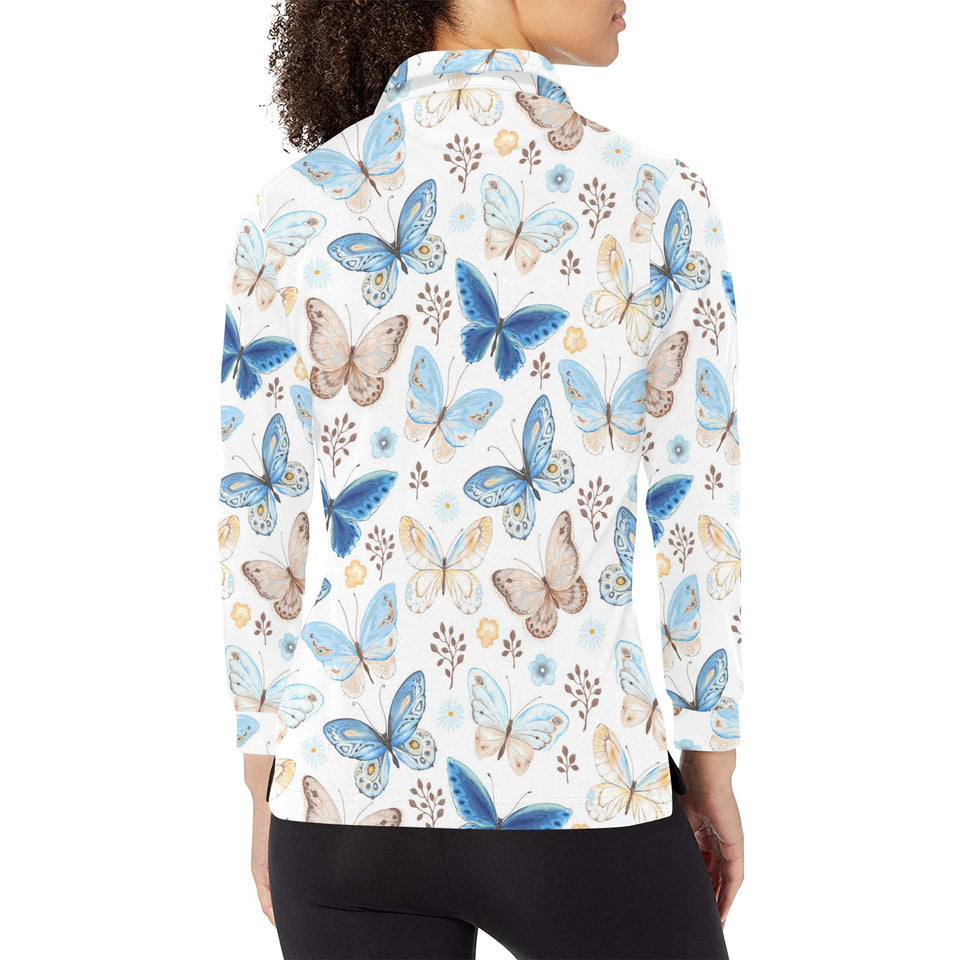 blue butterfly pattern Women's Long Sleeve Polo Shirt