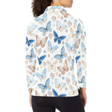 blue butterfly pattern Women's Long Sleeve Polo Shirt