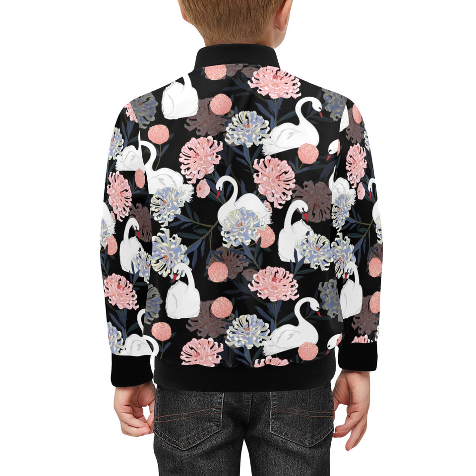 white swan blooming flower pattern Kids' Boys' Girls' Bomber Jacket