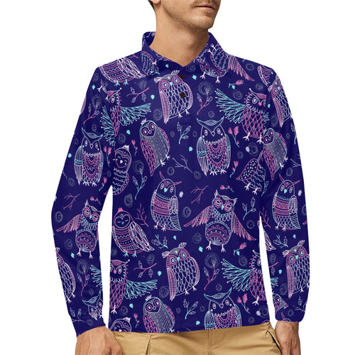 Cute owls pattern boho style ornament Men's Long Sleeve Polo Shirt