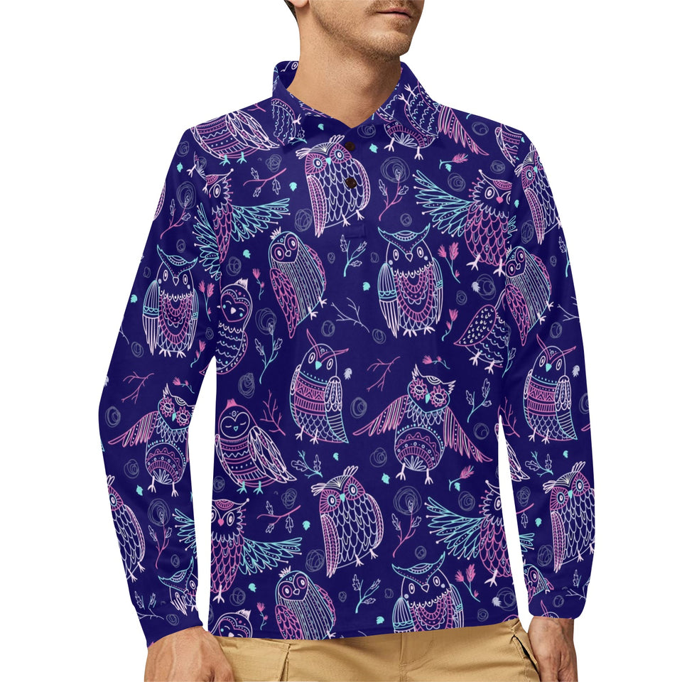 Cute owls pattern boho style ornament Men's Long Sleeve Polo Shirt