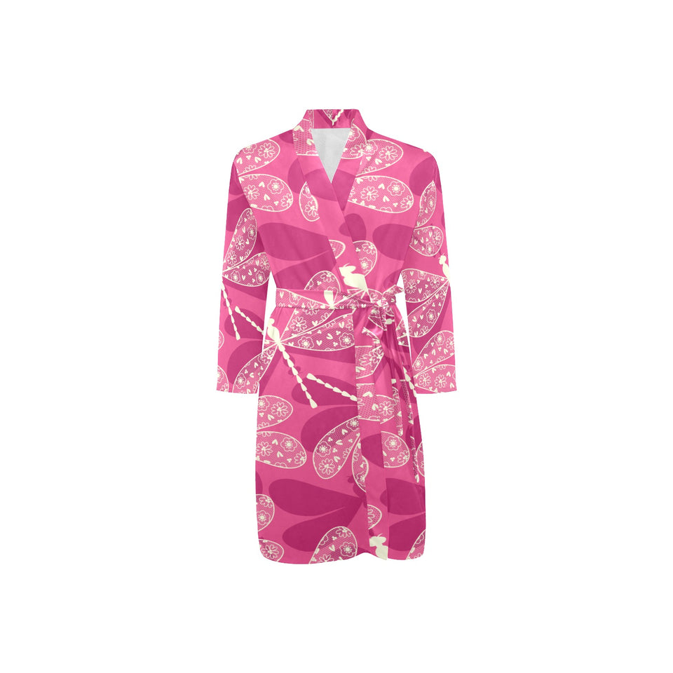Beautiful dragonfly pink background Men's Long Sleeve Belted Night Robe