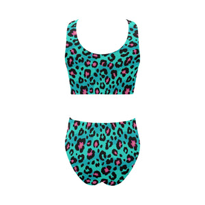 Green leopard skin print pattern Chest Bowknot High Waisted Bikini Swimsuit