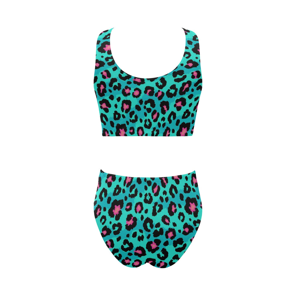 Green leopard skin print pattern Chest Bowknot High Waisted Bikini Swimsuit