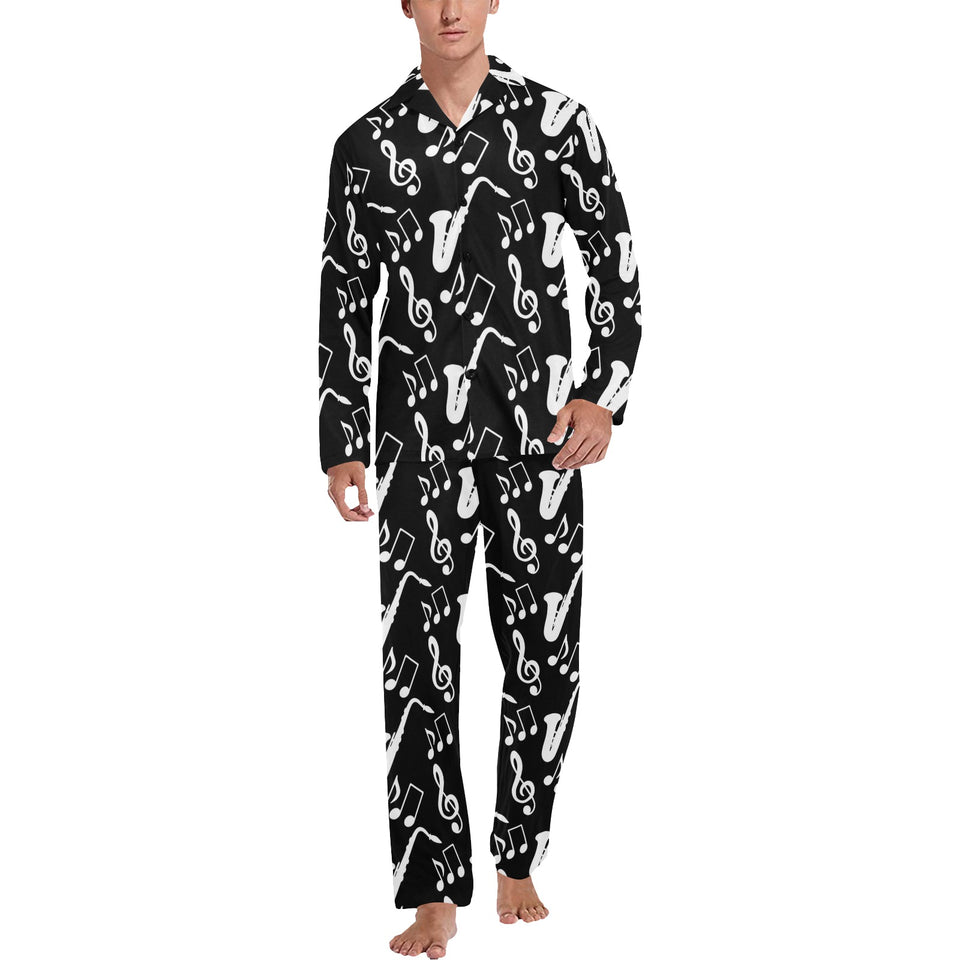 Saxophone music notes treble clef black white them Men's Long Pajama Set