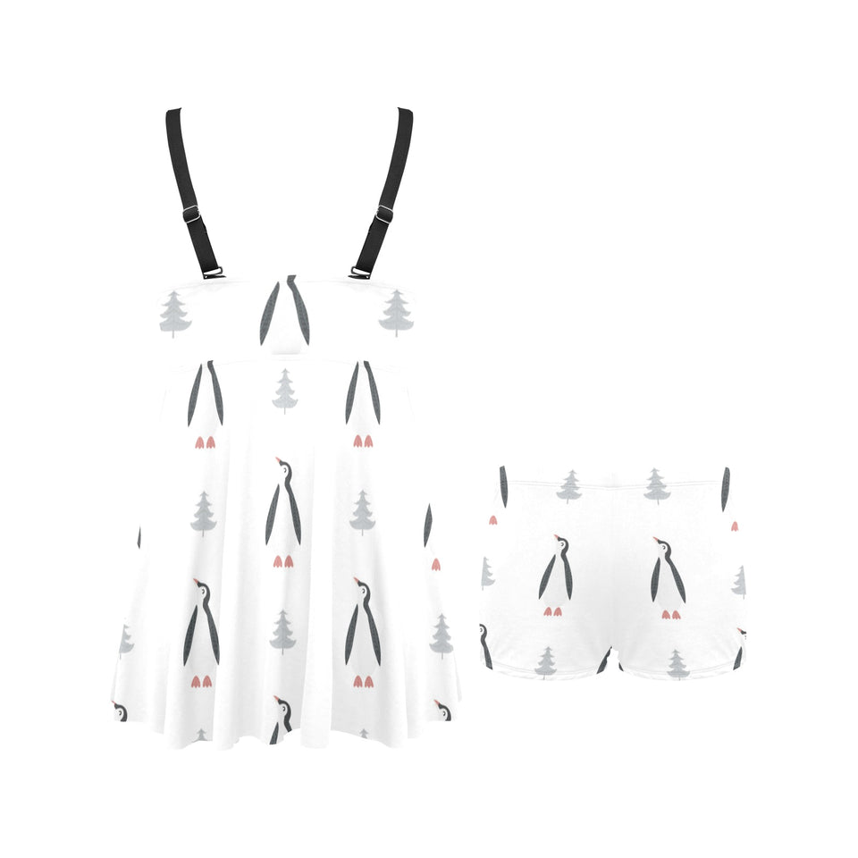 Penguin pattern Chest Sexy Pleated Two Piece Swim Dress