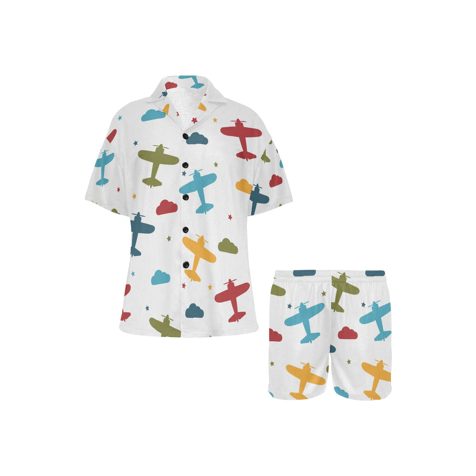 Airplane star cloud colorful Women's V-Neck Short Pajama Set
