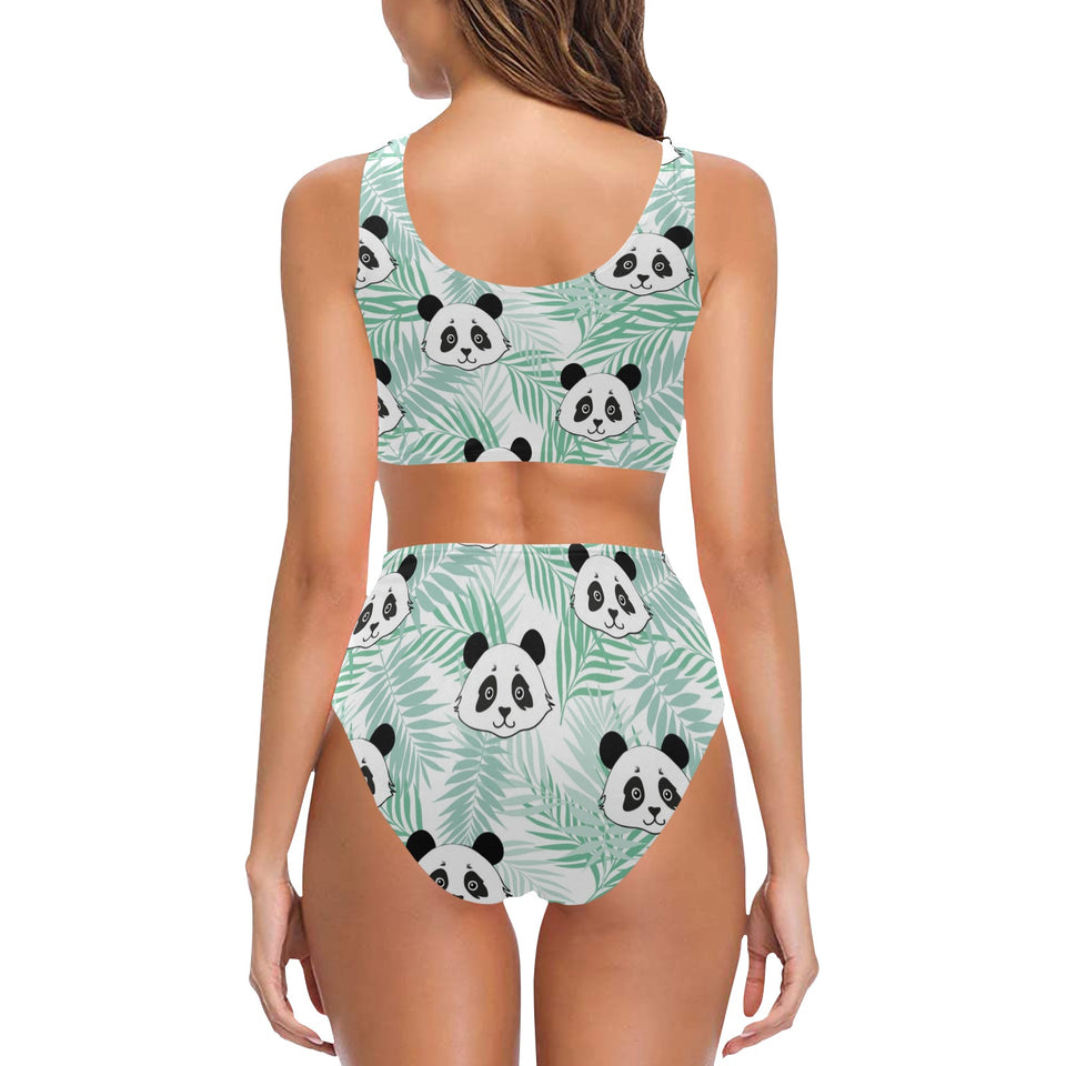 Panda pattern tropical leaves background Chest Bowknot High Waisted Bikini Swimsuit