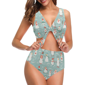Cute snowman pattern Chest Bowknot High Waisted Bikini Swimsuit