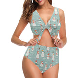 Cute snowman pattern Chest Bowknot High Waisted Bikini Swimsuit