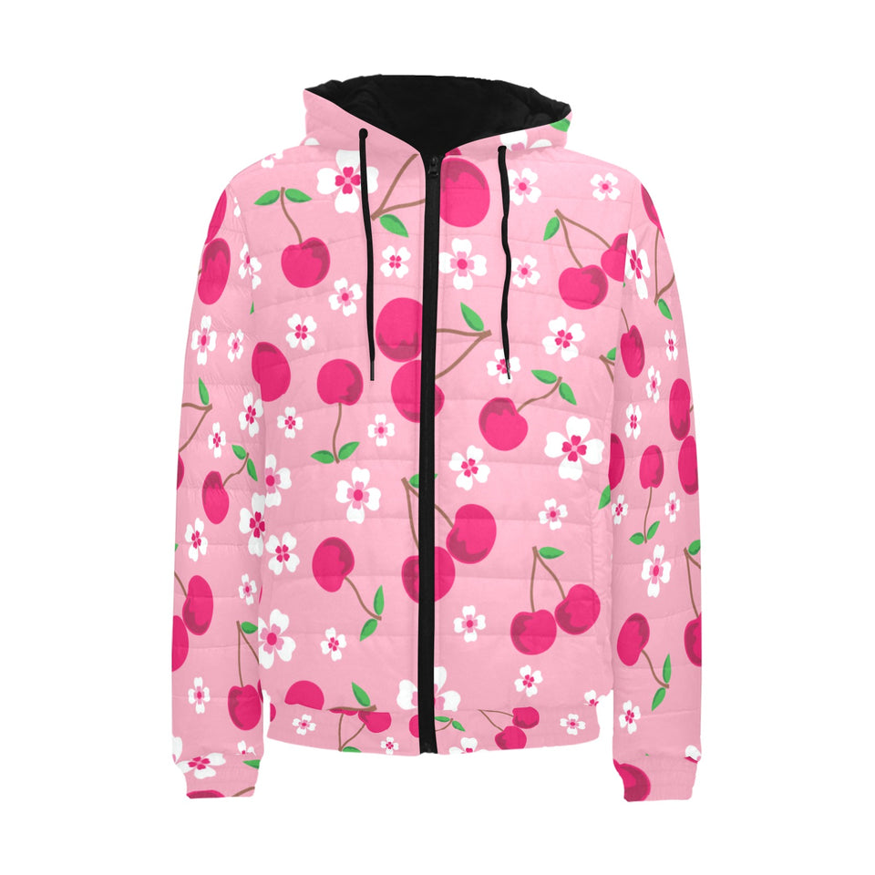 cherry flower pattern pink background Men's Padded Hooded Jacket