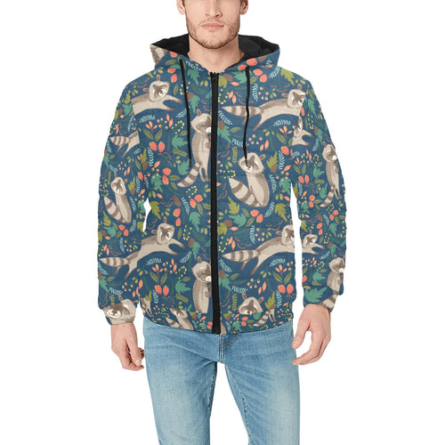 Raccoon tropical leaves pattern Men's Padded Hooded Jacket