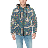 Raccoon tropical leaves pattern Men's Padded Hooded Jacket