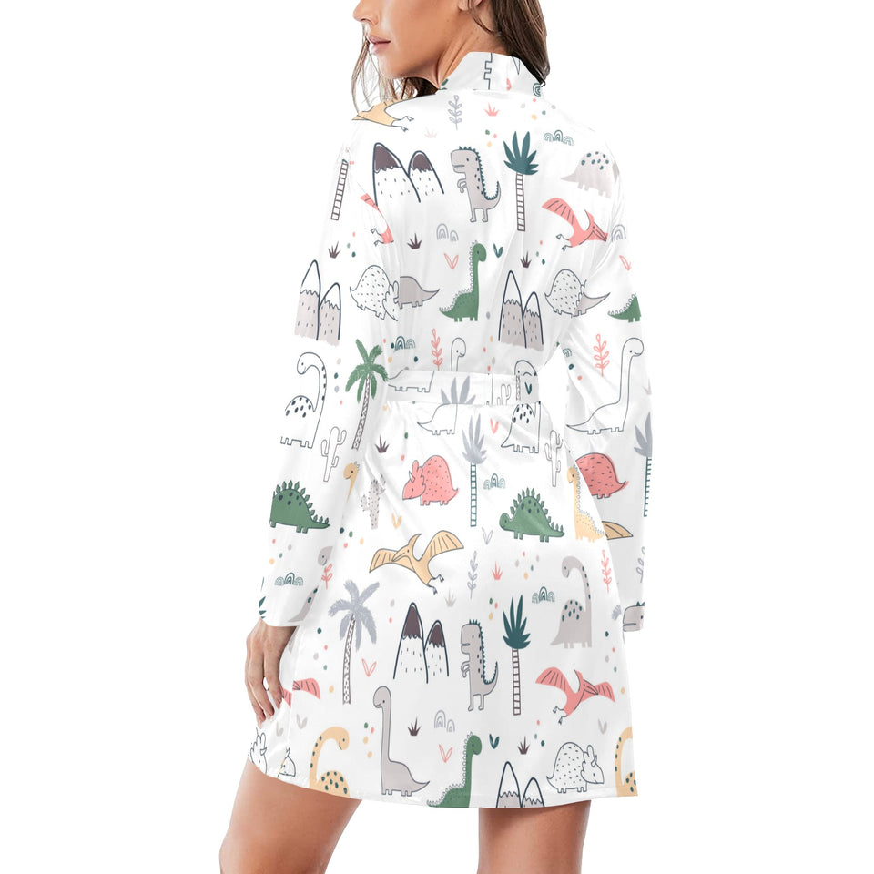 Cute cartoon dinosaurs tree pattern Women's Long Sleeve Belted Night Robe