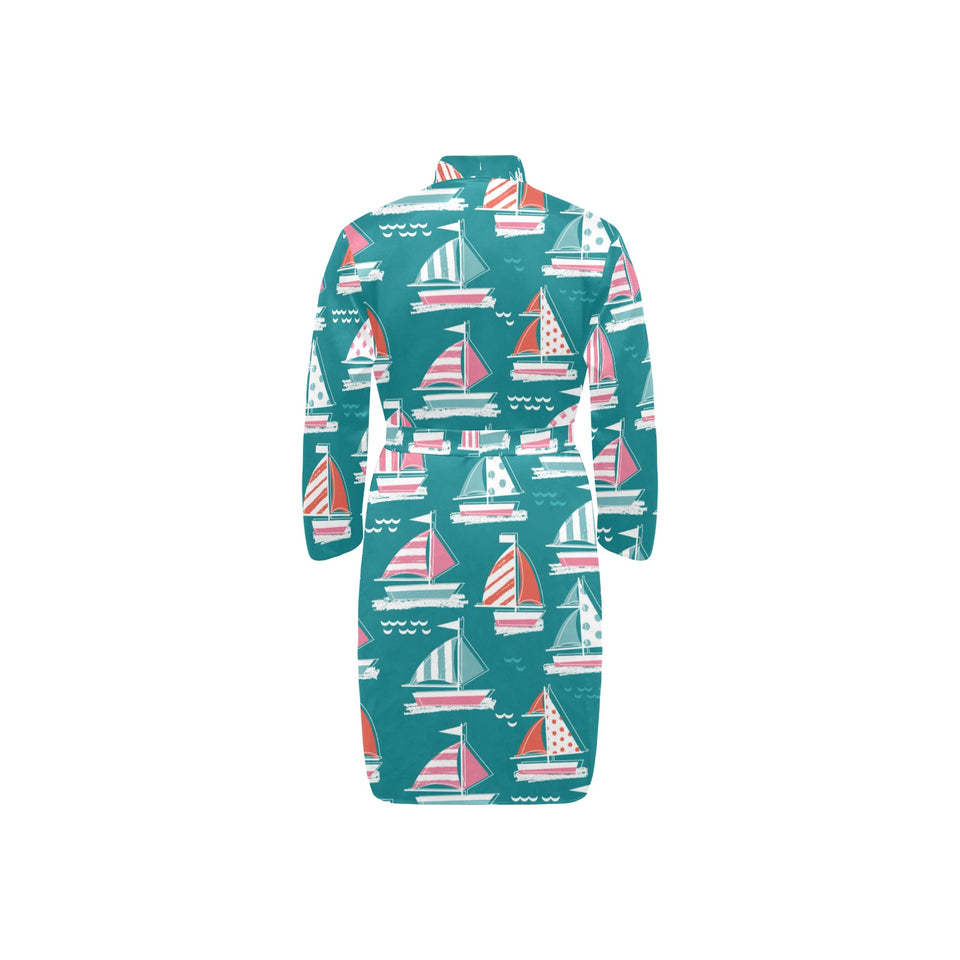 Cute sailboat pattern Men's Long Sleeve Belted Night Robe
