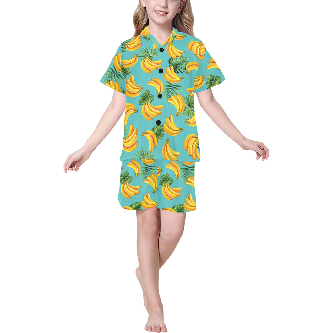Banana Palm Leaves pattern background Kids' Boys' Girls' V-Neck Short Pajama Set