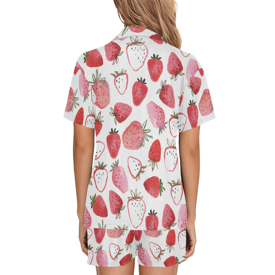 watercolor hand drawn beautiful strawberry pattern Women's V-Neck Short Pajama Set