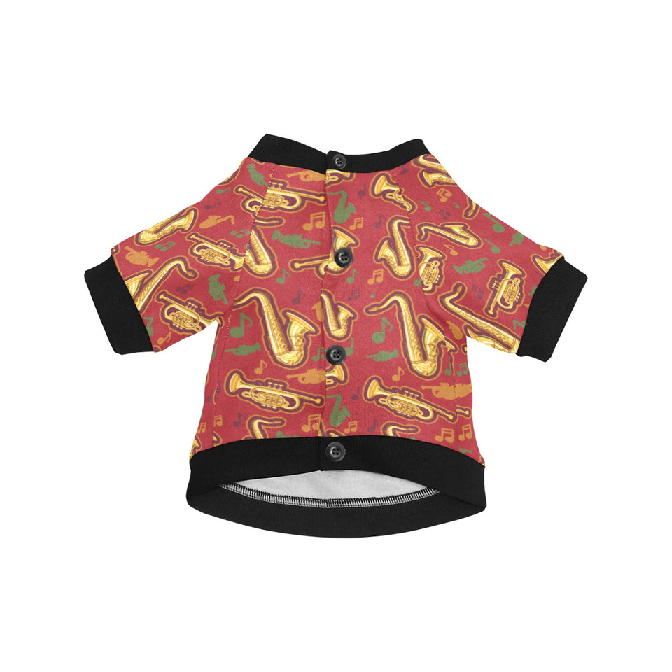 Saxophone cornet pattern red background All Over Print Pet Dog Round Neck Fuzzy Shirt