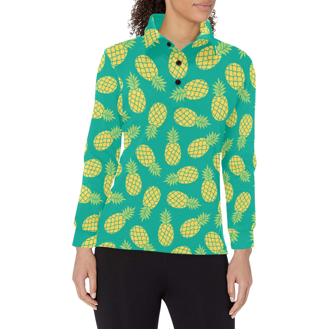 Pineapples pattern green background Women's Long Sleeve Polo Shirt