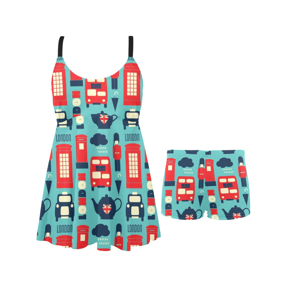 British Pattern Print Design 04 Chest Sexy Pleated Two Piece Swim Dress