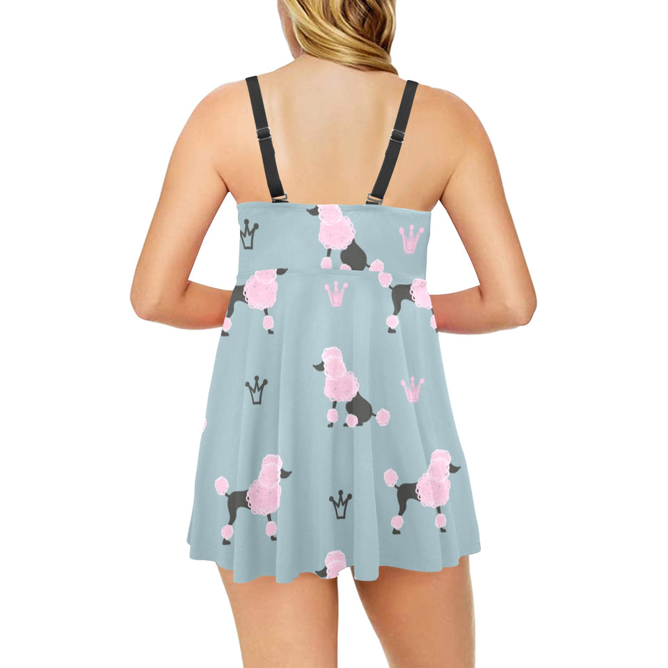 poodle dog pattern Chest Sexy Pleated Two Piece Swim Dress