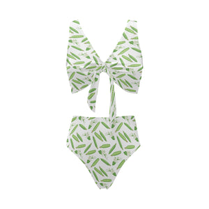 Green Peas Pattern Print Design 04 Chest Bowknot High Waisted Bikini Swimsuit