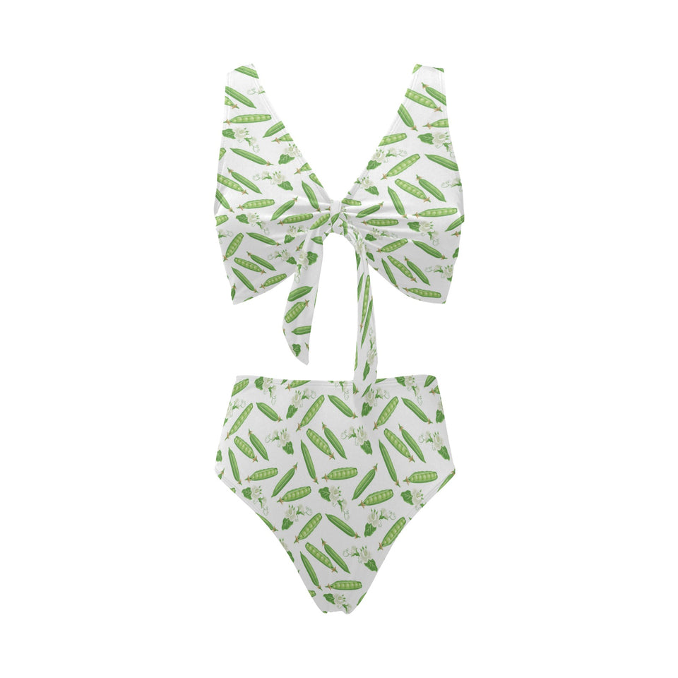 Green Peas Pattern Print Design 04 Chest Bowknot High Waisted Bikini Swimsuit