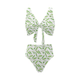 Green Peas Pattern Print Design 04 Chest Bowknot High Waisted Bikini Swimsuit