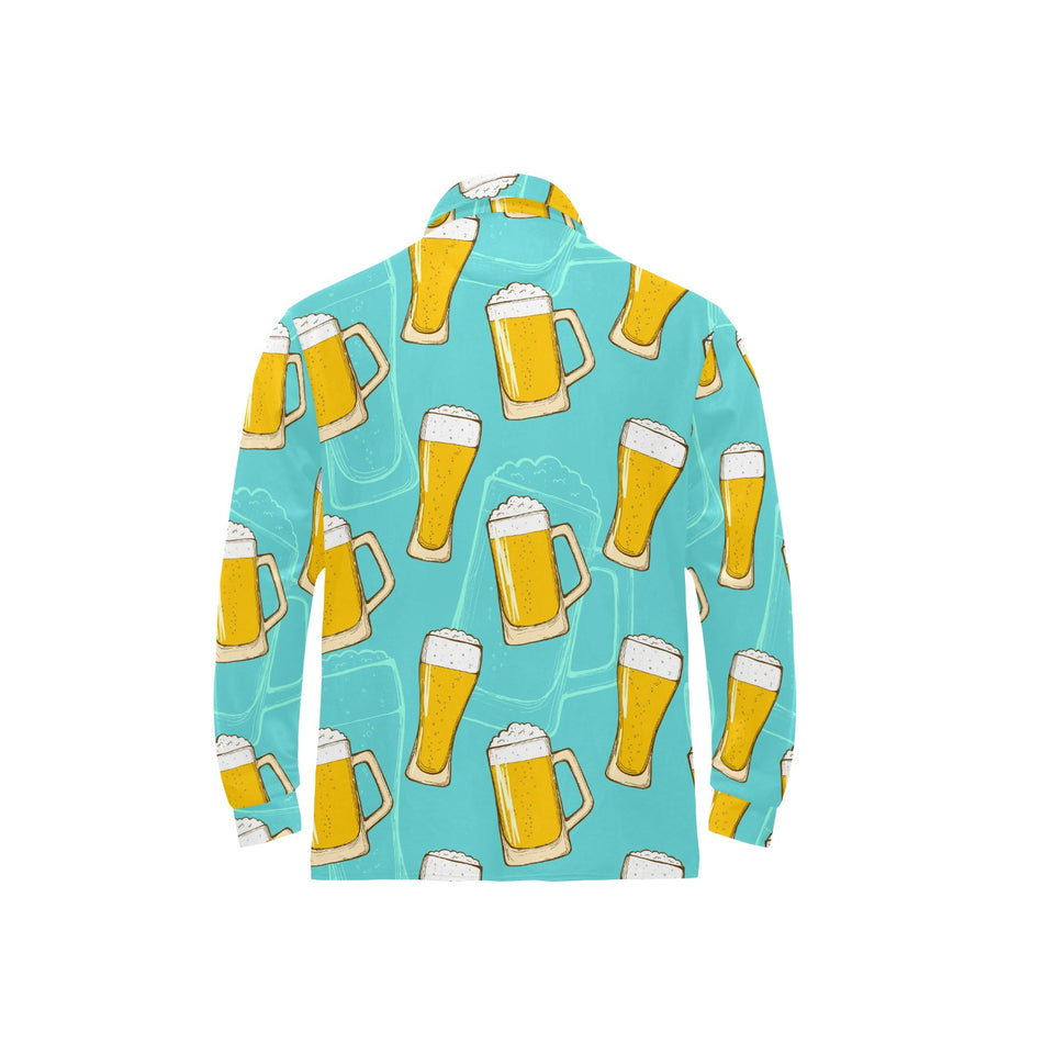 Beer pattern green background Men's Long Sleeve Polo Shirt