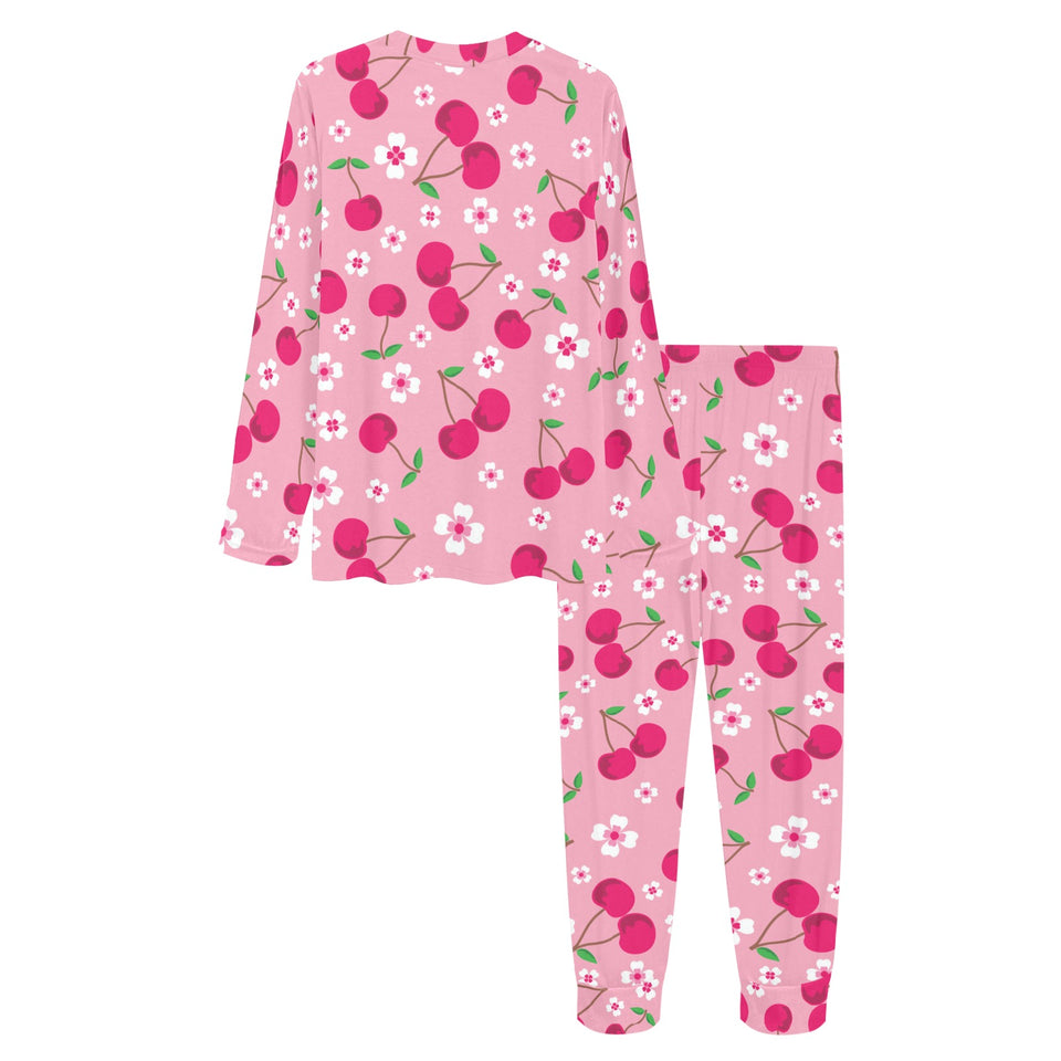 cherry flower pattern pink background Women's All Over Print Pajama Set