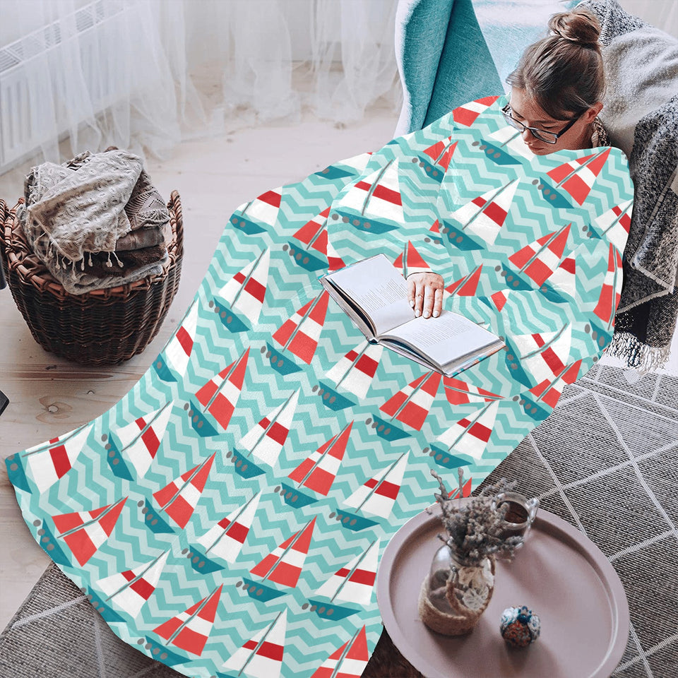 Red White sailboat wave background Blanket Robe with Sleeves