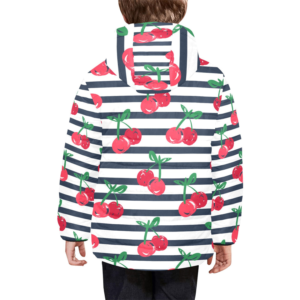 Hand drawn cherry pattern striped background Kids' Boys' Girls' Padded Hooded Jacket