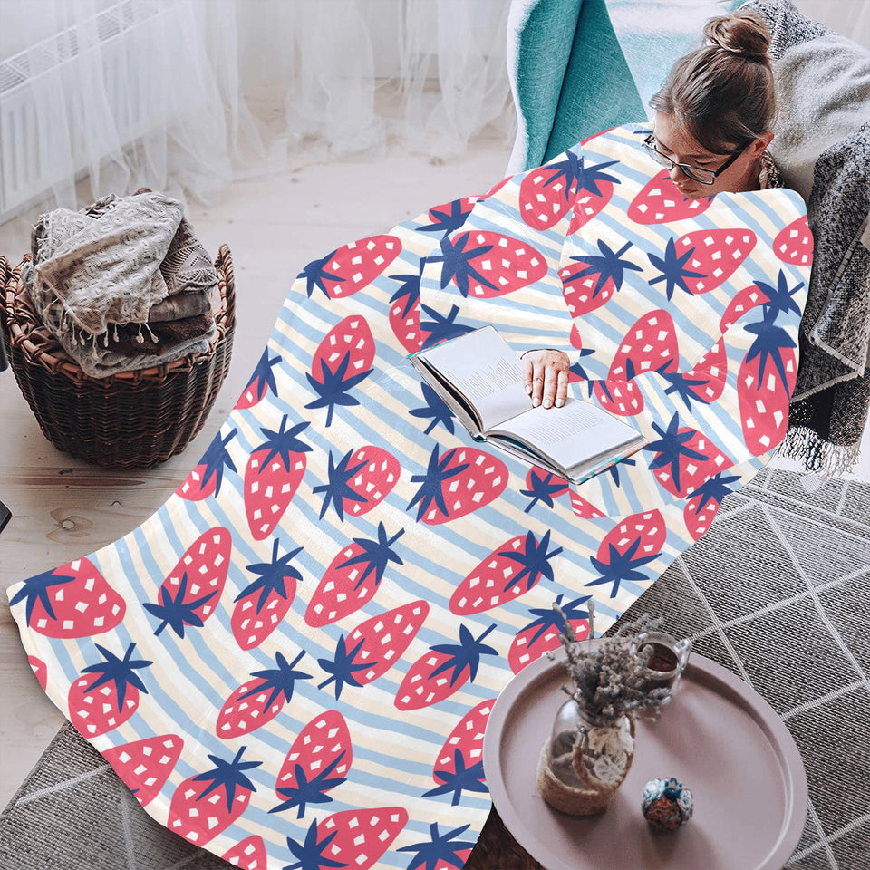 Strawberry pattern blue lines background Blanket Robe with Sleeves