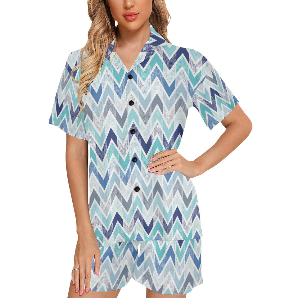 zigzag chevron blue pattern Women's V-Neck Short Pajama Set
