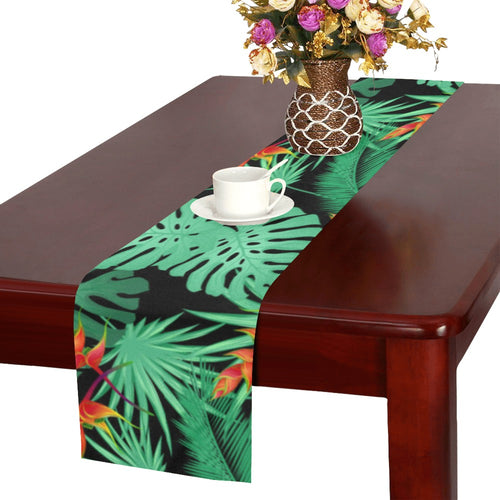 heliconia flower palm monstera leaves black backgr Table Runner