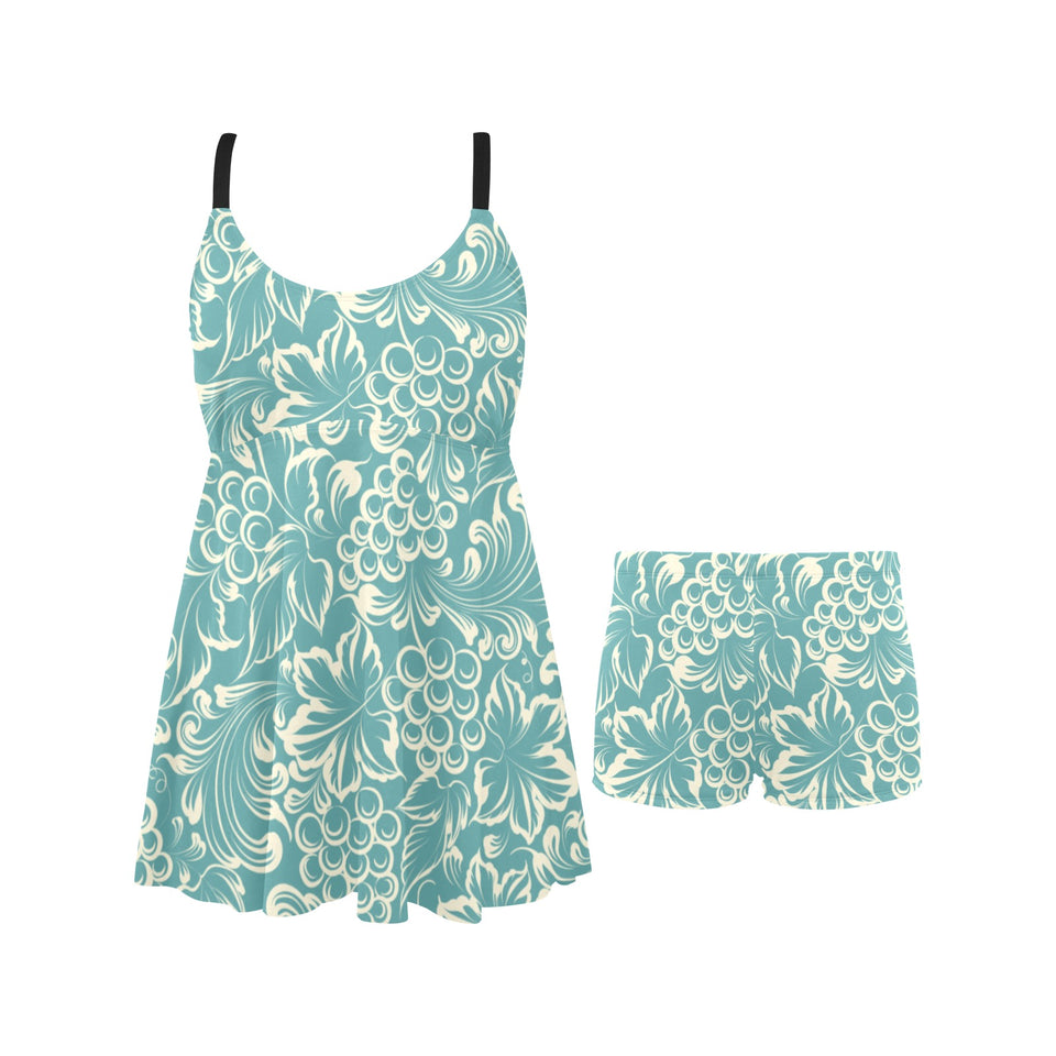 Classic Hand drawn Grape pattern Chest Sexy Pleated Two Piece Swim Dress