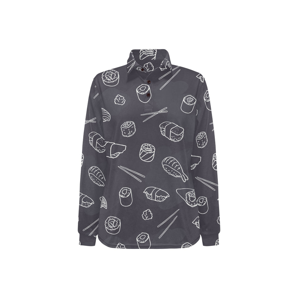 sushi pattern black background Women's Long Sleeve Polo Shirt