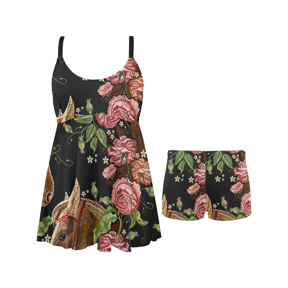 Horse head wild roses pattern Chest Sexy Pleated Two Piece Swim Dress