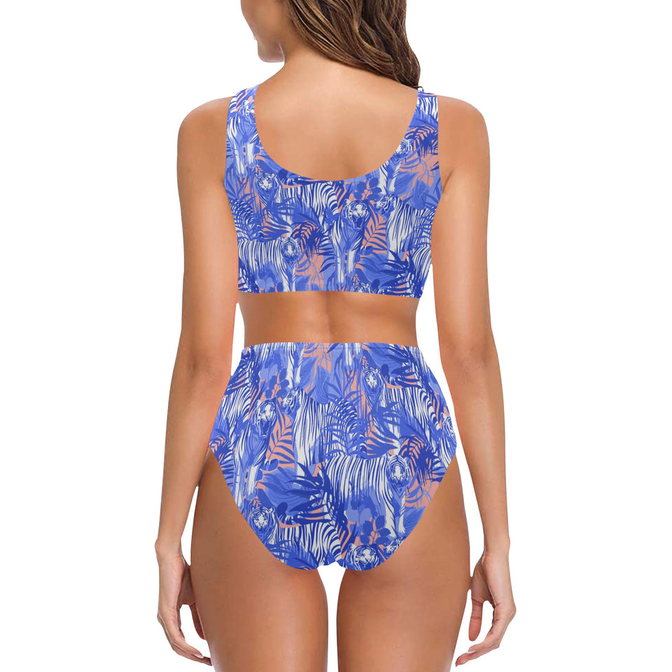 white bengal tigers pattern Chest Bowknot High Waisted Bikini Swimsuit