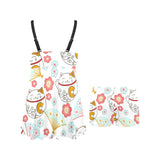 Maneki neko cat fan sakura Chest Sexy Pleated Two Piece Swim Dress