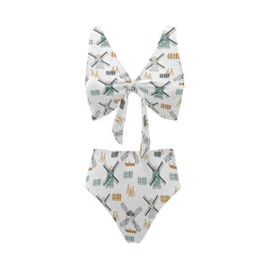 windmill pattern Chest Bowknot High Waisted Bikini Swimsuit